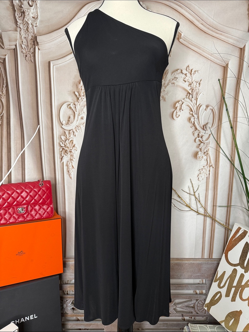 YIGAL AZROUEL- One-Shoulder Black Midi Dress — Women’s Evening Dress